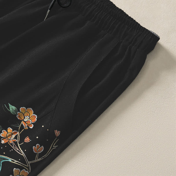 Buddha Stones Pantalon fuselé pour homme en pur coton, motif floral et carpes koï, cordon de serrage et poches - image 4