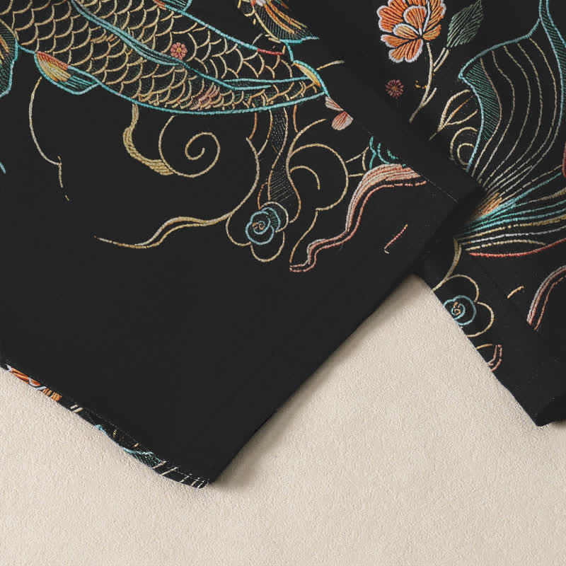 Buddha Stones Pantalon fuselé pour homme en pur coton, motif floral et carpes koï, cordon de serrage et poches - image 5