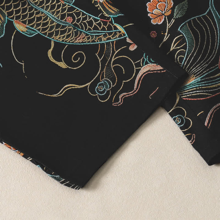 Buddha Stones Pantalon fuselé pour homme en pur coton, motif floral et carpes koï, cordon de serrage et poches - image 5