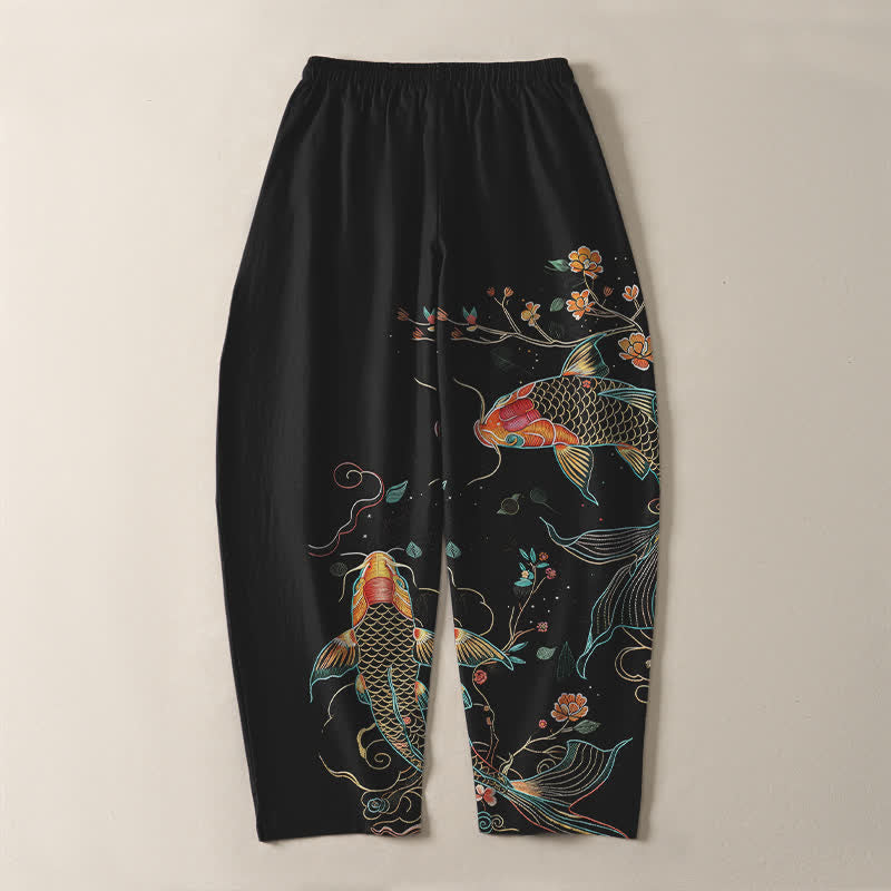 Buddha Stones Pantalon fuselé pour homme en pur coton, motif floral et carpes koï, cordon de serrage et poches - image 3