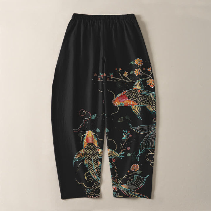 Buddha Stones Pantalon fuselé pour homme en pur coton, motif floral et carpes koï, cordon de serrage et poches - image 3