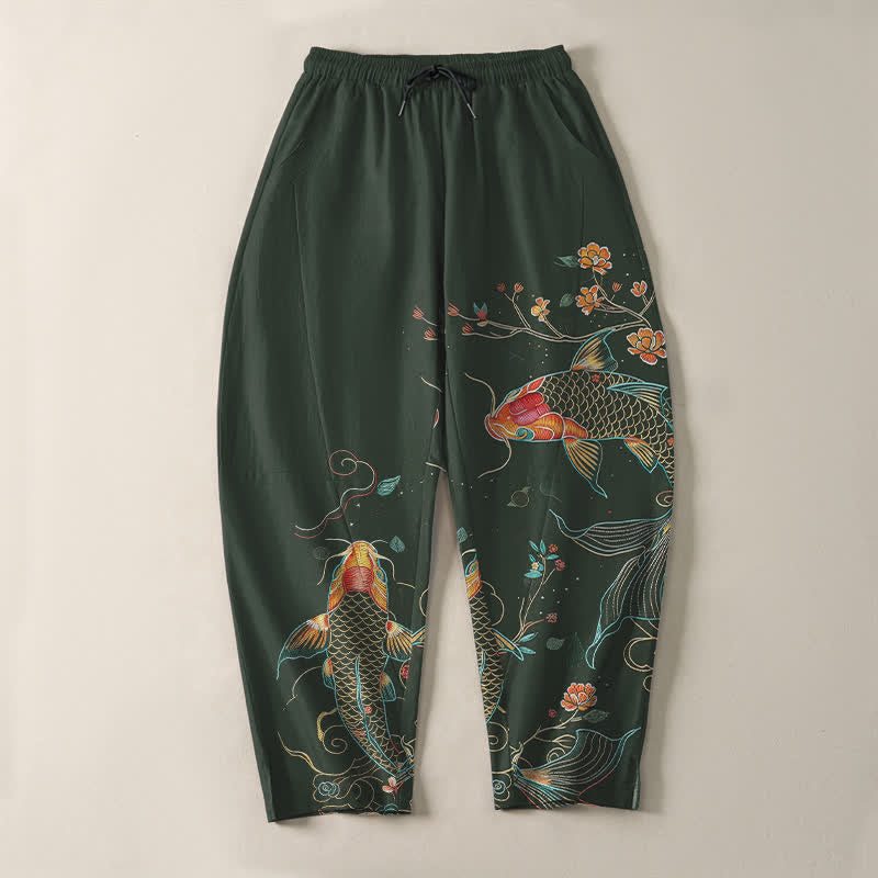 Buddha Stones Pantalon fuselé pour homme en pur coton, motif floral et carpes koï, cordon de serrage et poches - image 9