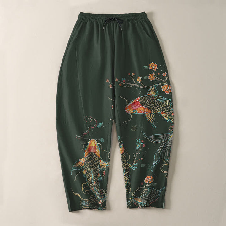Buddha Stones Pantalon fuselé pour homme en pur coton, motif floral et carpes koï, cordon de serrage et poches - image 9
