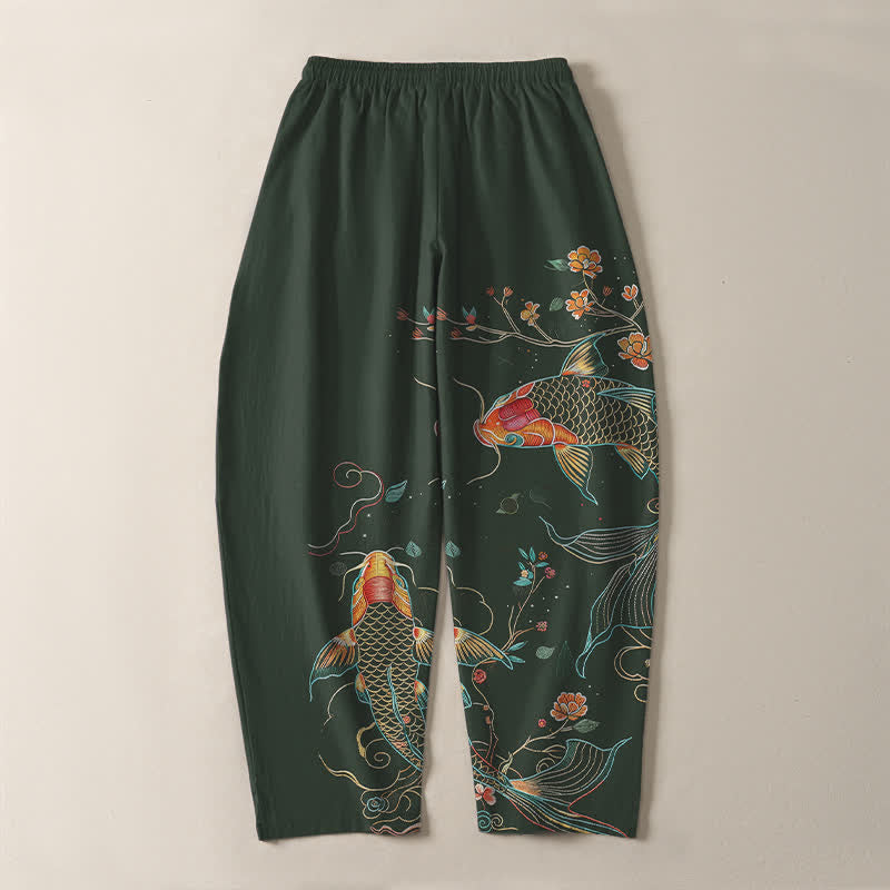 Buddha Stones Pantalon fuselé pour homme en pur coton, motif floral et carpes koï, cordon de serrage et poches - image 10