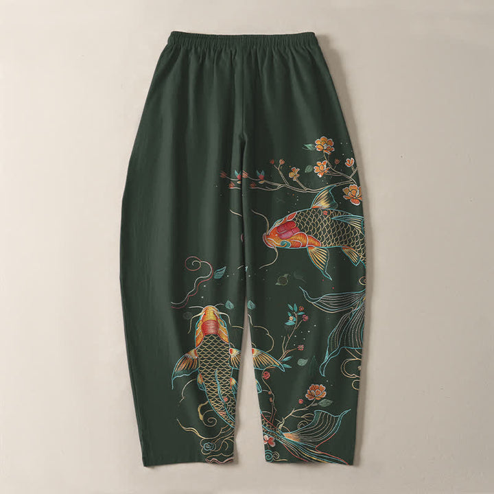 Buddha Stones Pantalon fuselé pour homme en pur coton, motif floral et carpes koï, cordon de serrage et poches - image 10