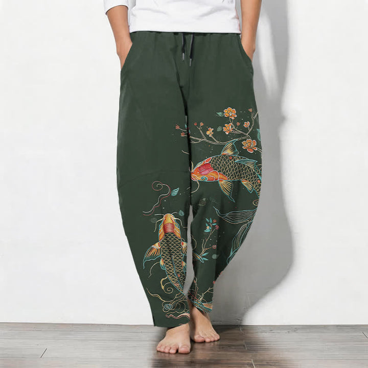 Buddha Stones Pantalon fuselé pour homme en pur coton, motif floral et carpes koï, cordon de serrage et poches - Vert foncé - US/UK/AU50，EU60 (5XL) - image 7