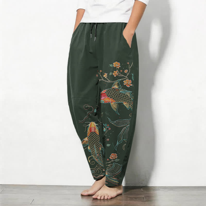 Buddha Stones Pantalon fuselé pour homme en pur coton, motif floral et carpes koï, cordon de serrage et poches - image 8