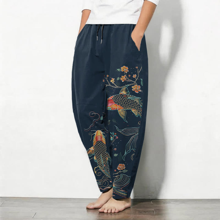 Buddha Stones Pantalon fuselé pour homme en pur coton, motif floral et carpes koï, cordon de serrage et poches - image 12