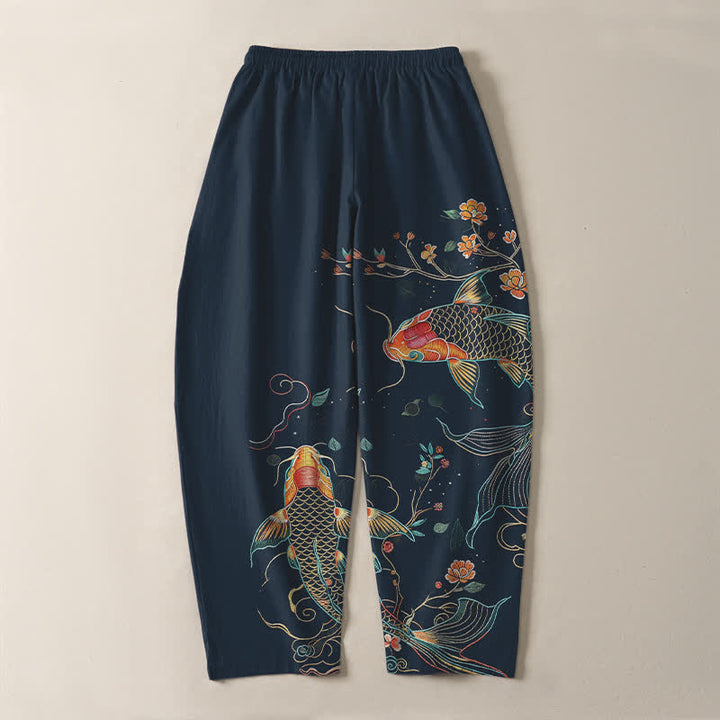 Buddha Stones Pantalon fuselé pour homme en pur coton, motif floral et carpes koï, cordon de serrage et poches - image 14