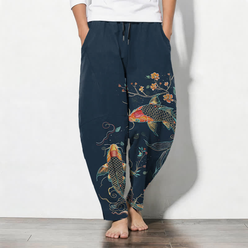 Buddha Stones Pantalon fuselé pour homme en pur coton, motif floral et carpes koï, cordon de serrage et poches - Marine - US/UK/AU50，EU60 (5XL) - image 11
