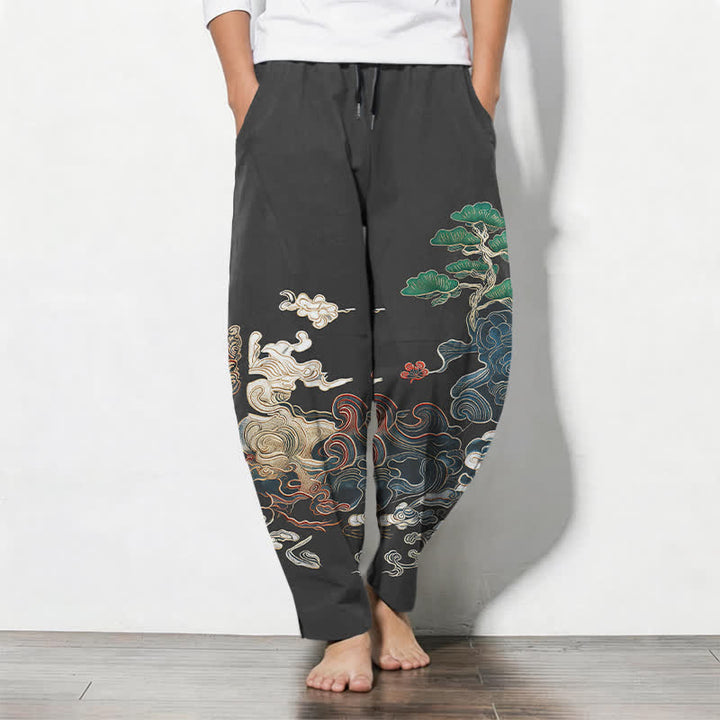 Buddha Stones Pantalon fuselé pour homme en pur coton, motif vagues de pin, cordon de serrage et poches - Gris terne - US/UK/AU50，EU60 (5XL) - image 0