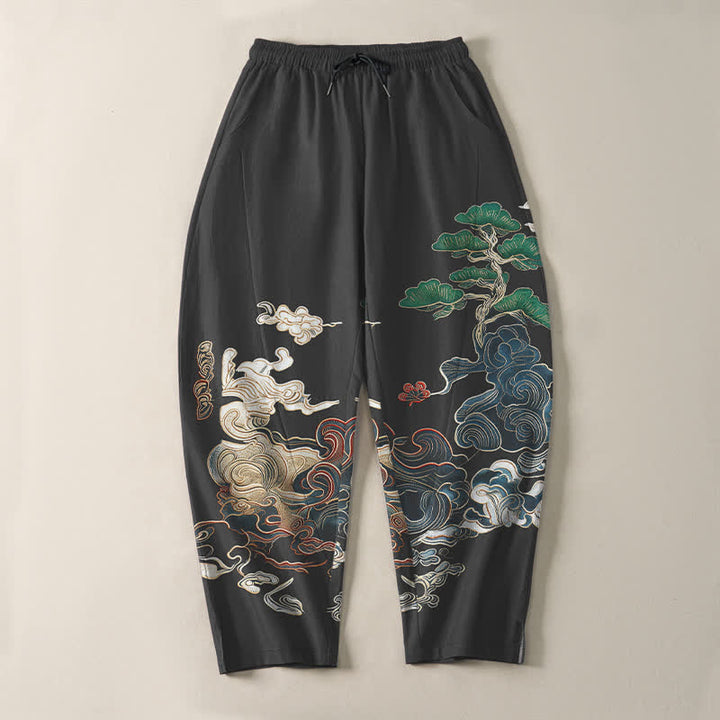 Buddha Stones Pantalon fuselé pour homme en pur coton, motif vagues de pin, cordon de serrage et poches - image 2