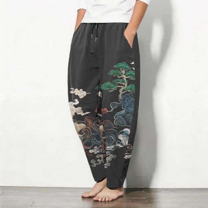 Buddha Stones Pantalon fuselé pour homme en pur coton, motif vagues de pin, cordon de serrage et poches - image 1