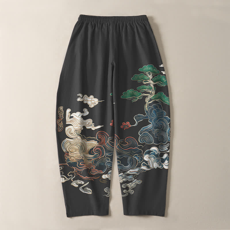 Buddha Stones Pantalon fuselé pour homme en pur coton, motif vagues de pin, cordon de serrage et poches - image 3