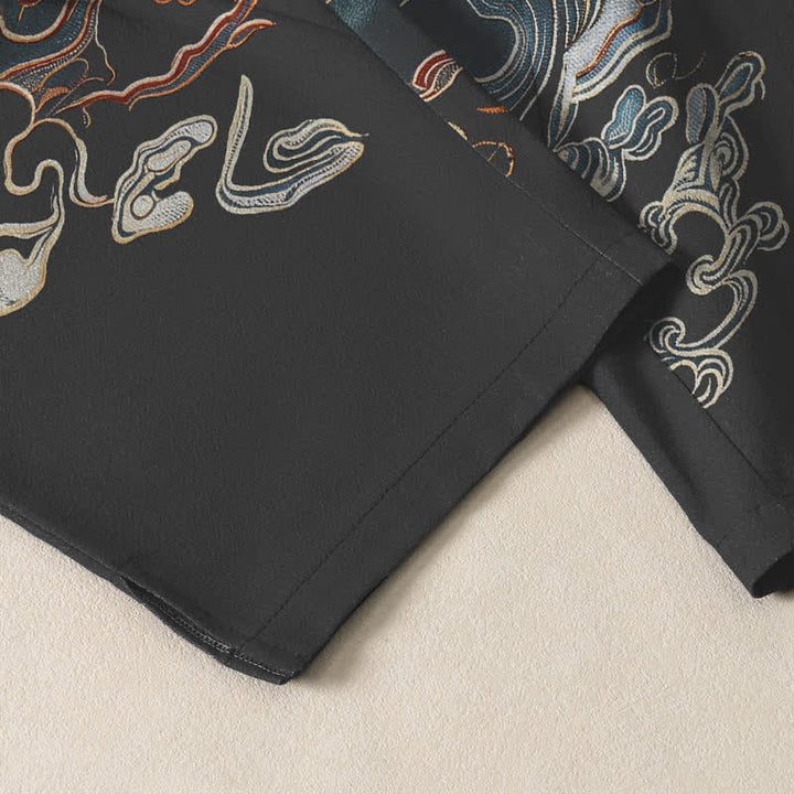 Buddha Stones Pantalon fuselé pour homme en pur coton, motif vagues de pin, cordon de serrage et poches - image 5