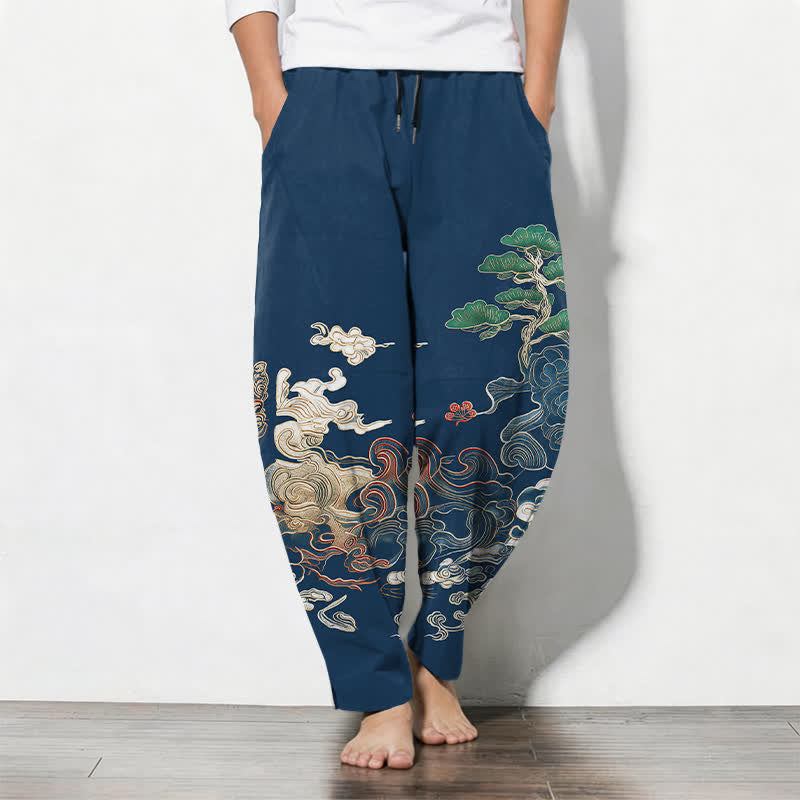Buddha Stones Pantalon fuselé pour homme en pur coton, motif vagues de pin, cordon de serrage et poches - Marine - US/UK/AU50，EU60 (5XL) - image 7