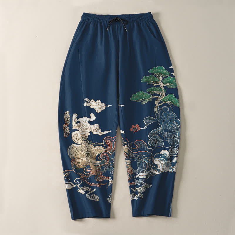 Buddha Stones Pantalon fuselé pour homme en pur coton, motif vagues de pin, cordon de serrage et poches - image 9