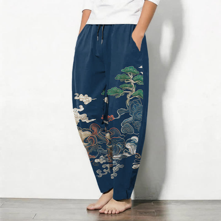 Buddha Stones Pantalon fuselé pour homme en pur coton, motif vagues de pin, cordon de serrage et poches - image 8