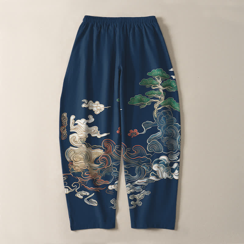 Buddha Stones Pantalon fuselé pour homme en pur coton, motif vagues de pin, cordon de serrage et poches - image 10