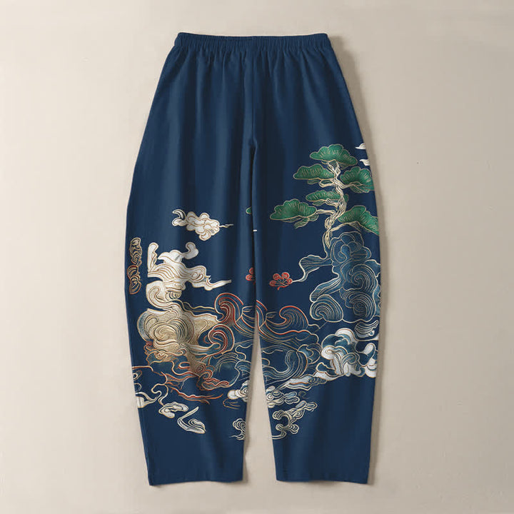 Buddha Stones Pantalon fuselé pour homme en pur coton, motif vagues de pin, cordon de serrage et poches - image 10
