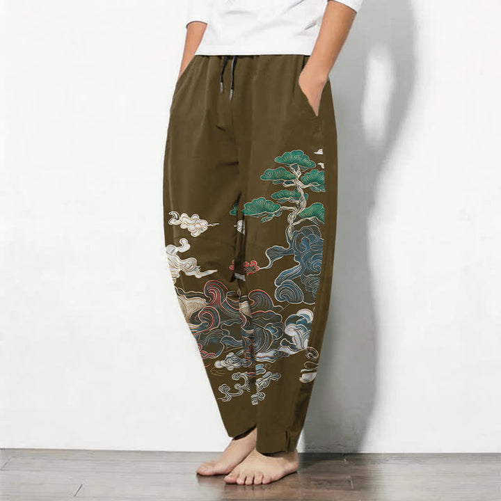 Buddha Stones Pantalon fuselé pour homme en pur coton, motif vagues de pin, cordon de serrage et poches - image 12
