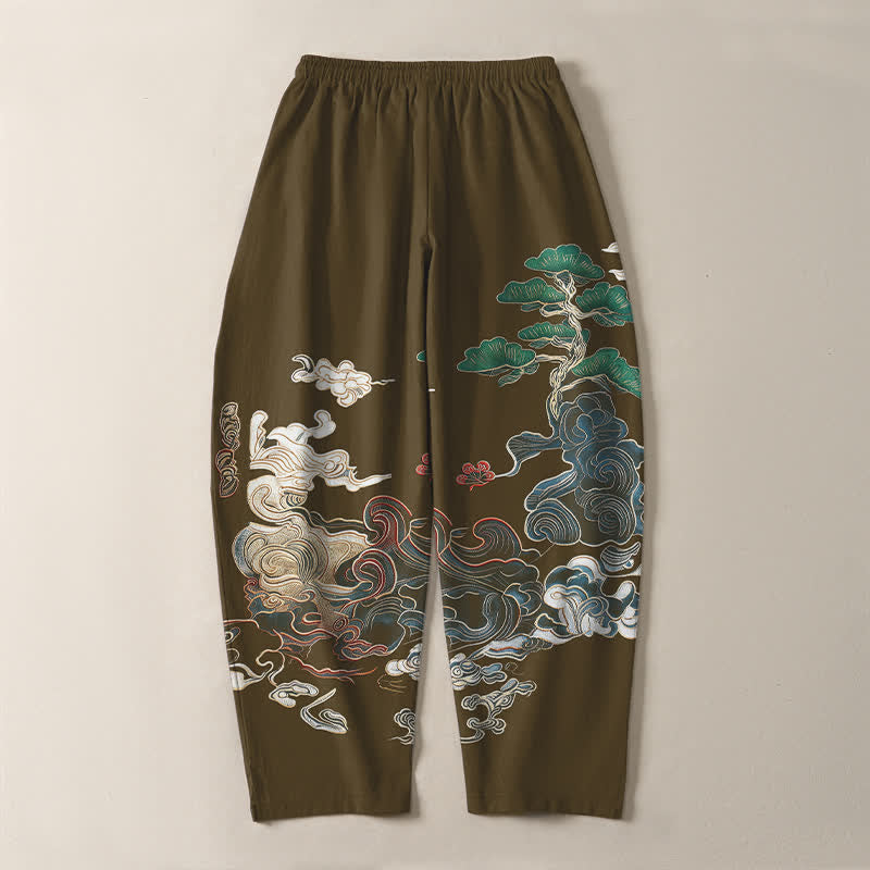Buddha Stones Pantalon fuselé pour homme en pur coton, motif vagues de pin, cordon de serrage et poches - image 14