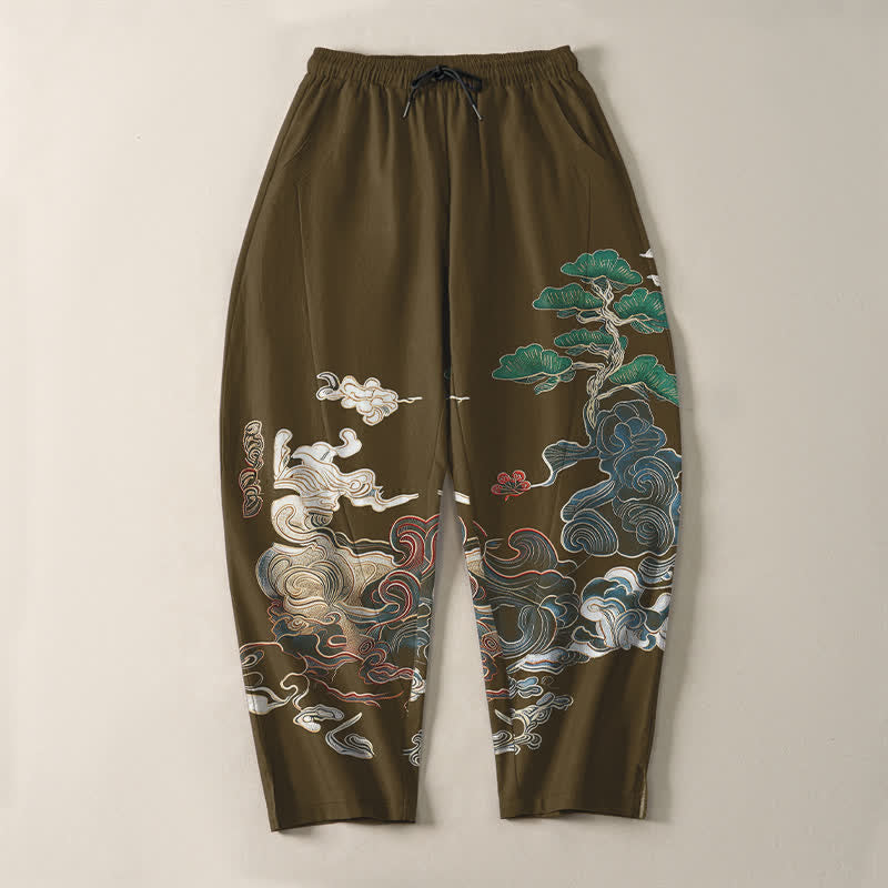 Buddha Stones Pantalon fuselé pour homme en pur coton, motif vagues de pin, cordon de serrage et poches - image 13