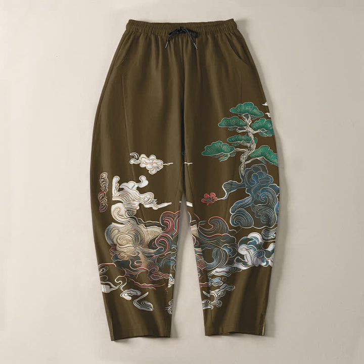 Buddha Stones Pantalon fuselé pour homme en pur coton, motif vagues de pin, cordon de serrage et poches - image 13