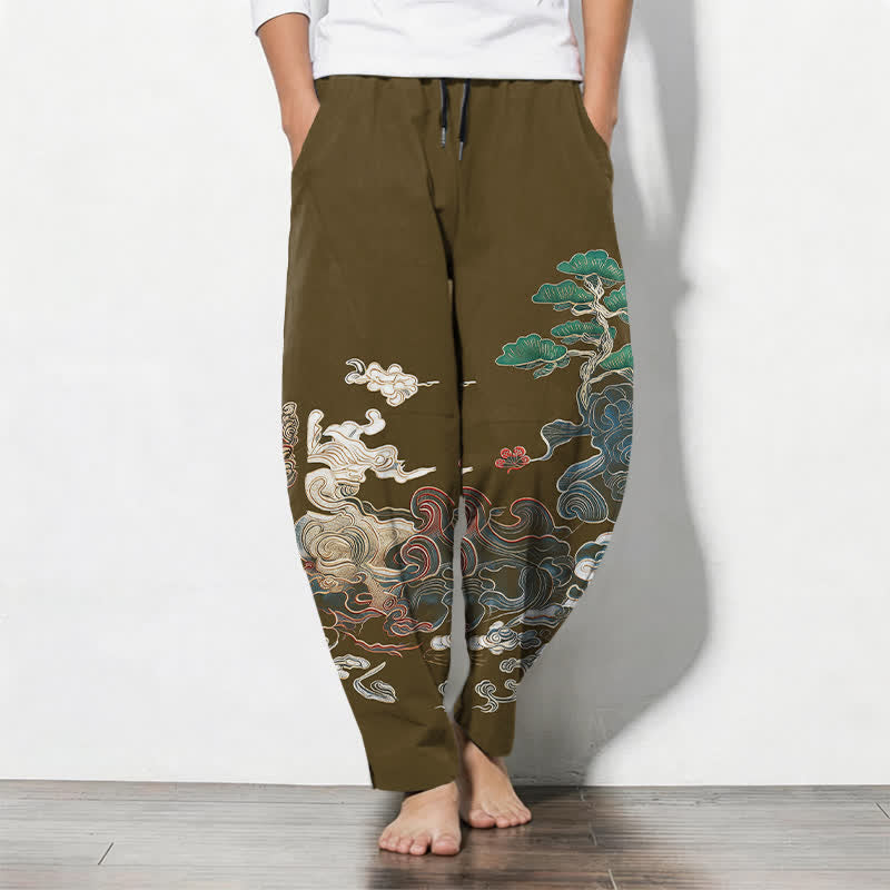 Buddha Stones Pantalon fuselé pour homme en pur coton, motif vagues de pin, cordon de serrage et poches - DarkGoldenrod - US/UK/AU50，EU60 (5XL) - image 11