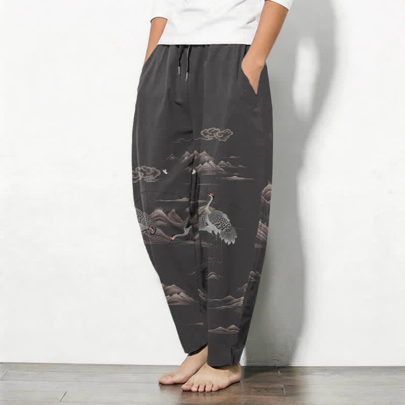Buddha Stones Pantalon fuselé pour homme en pur coton, motif grue, nuage et montagne, avec cordon de serrage et poches. - image 1