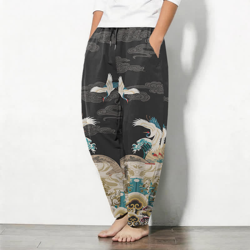 Buddha Stones Pantalon fuselé pour homme en pur coton, motif grues, vagues et nuages, avec cordon de serrage et poches. - image 8