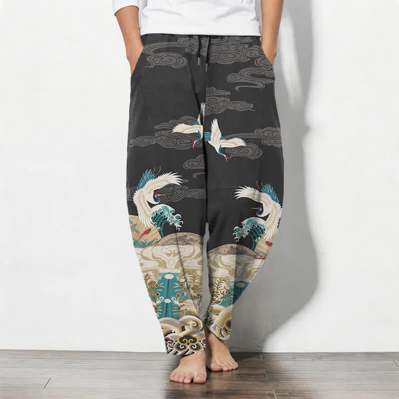 Buddha Stones Pantalon fuselé pour homme en pur coton, motif grues, vagues et nuages, avec cordon de serrage et poches. - Gris sombre - US/UK/AU50，EU60 (5XL) - image 7