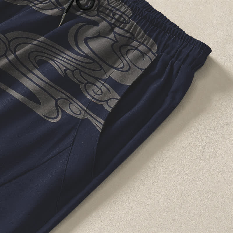 Buddha Stones Pantalon fuselé pour homme en pur coton, motif grues, vagues et nuages, avec cordon de serrage et poches. - image 4
