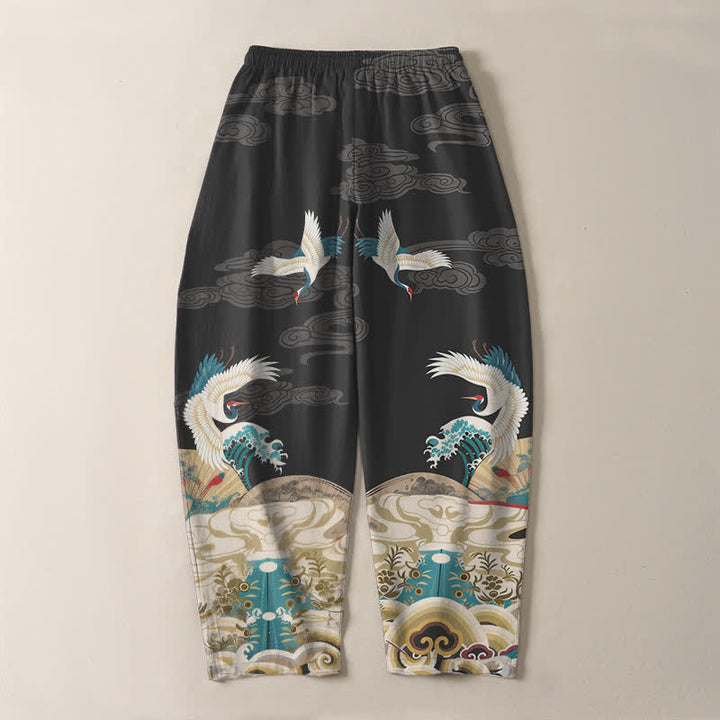 Buddha Stones Pantalon fuselé pour homme en pur coton, motif grues, vagues et nuages, avec cordon de serrage et poches. - image 10
