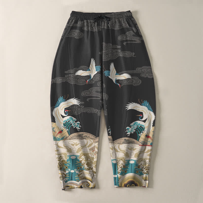 Buddha Stones Pantalon fuselé pour homme en pur coton, motif grues, vagues et nuages, avec cordon de serrage et poches. - image 9