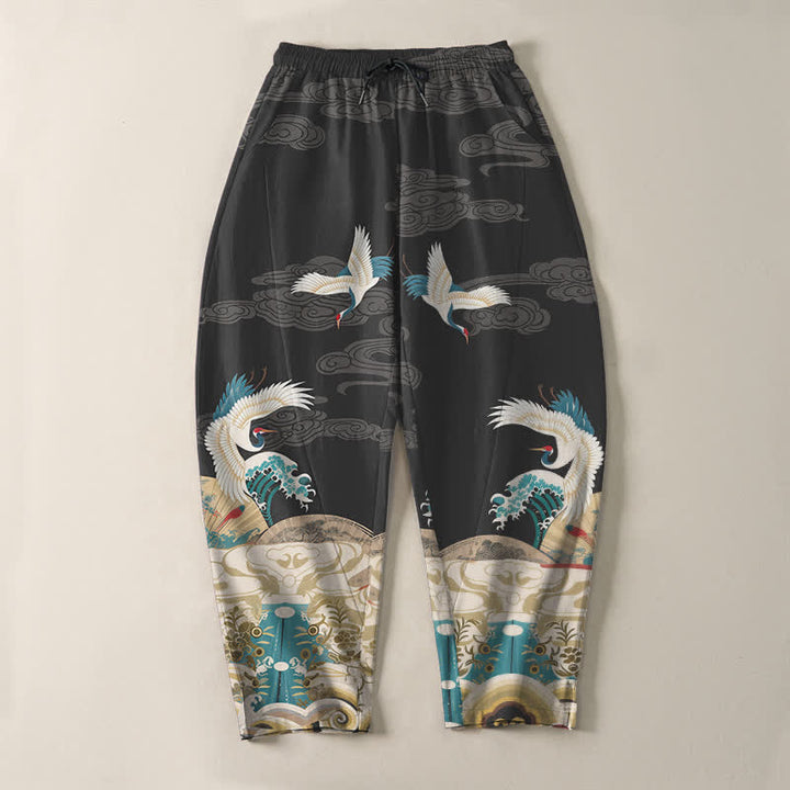 Buddha Stones Pantalon fuselé pour homme en pur coton, motif grues, vagues et nuages, avec cordon de serrage et poches. - image 9