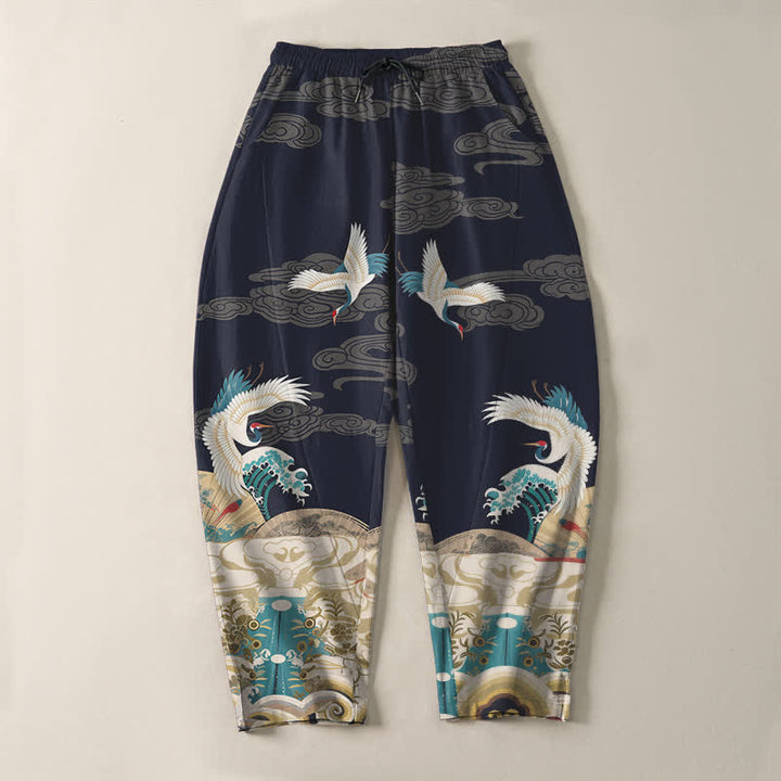 Buddha Stones Pantalon fuselé pour homme en pur coton, motif grues, vagues et nuages, avec cordon de serrage et poches. - image 2