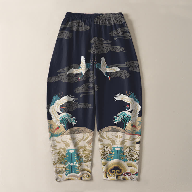Buddha Stones Pantalon fuselé pour homme en pur coton, motif grues, vagues et nuages, avec cordon de serrage et poches. - image 3