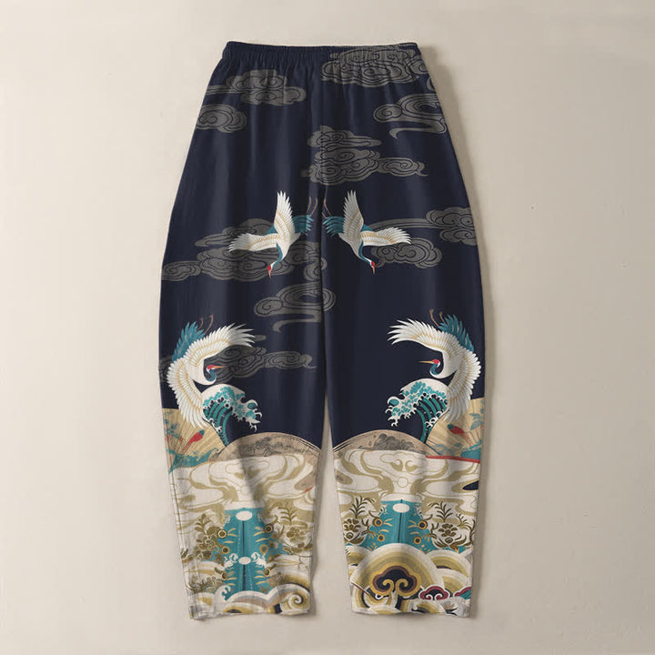 Buddha Stones Pantalon fuselé pour homme en pur coton, motif grues, vagues et nuages, avec cordon de serrage et poches. - image 3