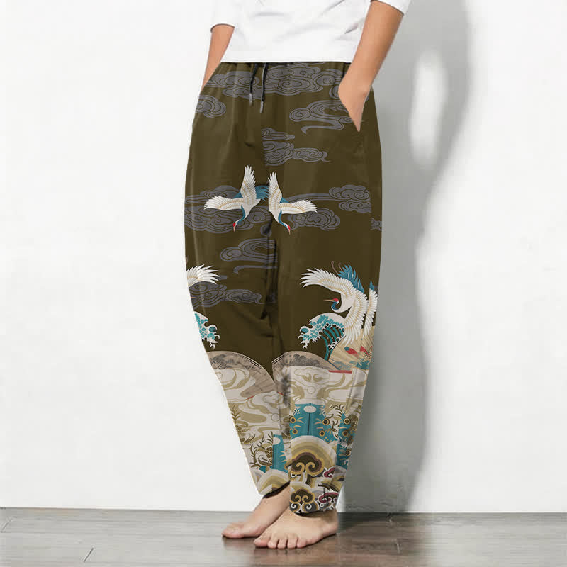 Buddha Stones Pantalon fuselé pour homme en pur coton, motif grues, vagues et nuages, avec cordon de serrage et poches. - image 12