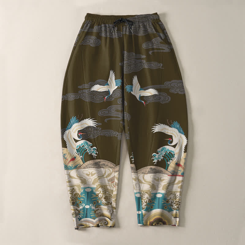 Buddha Stones Pantalon fuselé pour homme en pur coton, motif grues, vagues et nuages, avec cordon de serrage et poches. - image 13