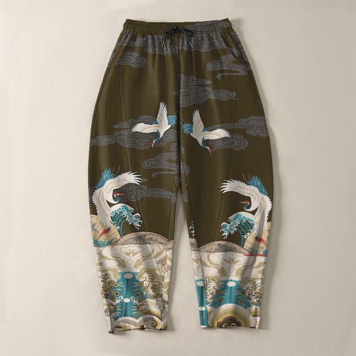 Buddha Stones Pantalon fuselé pour homme en pur coton, motif grues, vagues et nuages, avec cordon de serrage et poches. - image 13