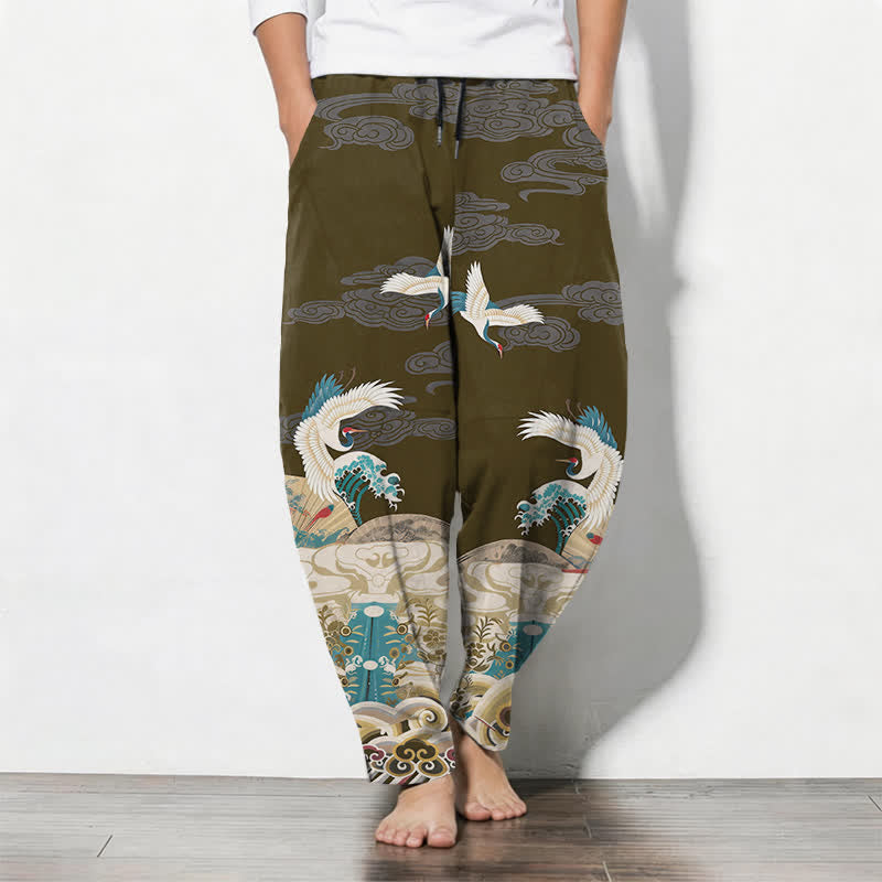 Buddha Stones Pantalon fuselé pour homme en pur coton, motif grues, vagues et nuages, avec cordon de serrage et poches. - Olive - US/UK/AU50，EU60 (5XL) - image 11