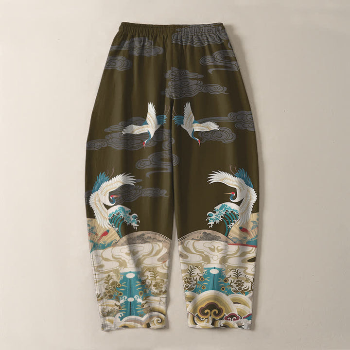 Buddha Stones Pantalon fuselé pour homme en pur coton, motif grues, vagues et nuages, avec cordon de serrage et poches. - image 14