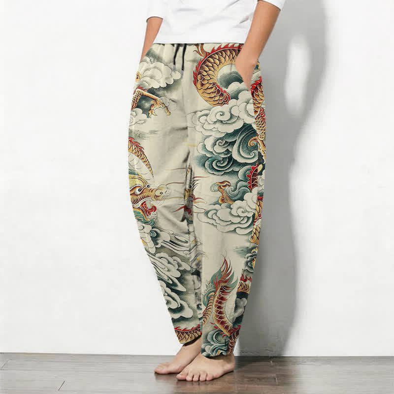 Buddha Stones Pantalon fuselé pour homme en pur coton, motif dragon nuage, cordon de serrage et poches - image 1