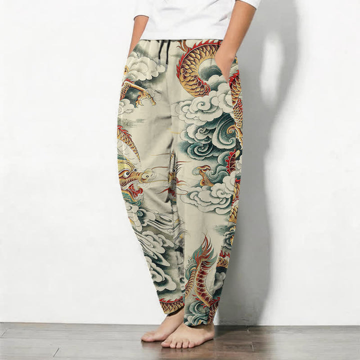 Buddha Stones Pantalon fuselé pour homme en pur coton, motif dragon nuage, cordon de serrage et poches - image 1