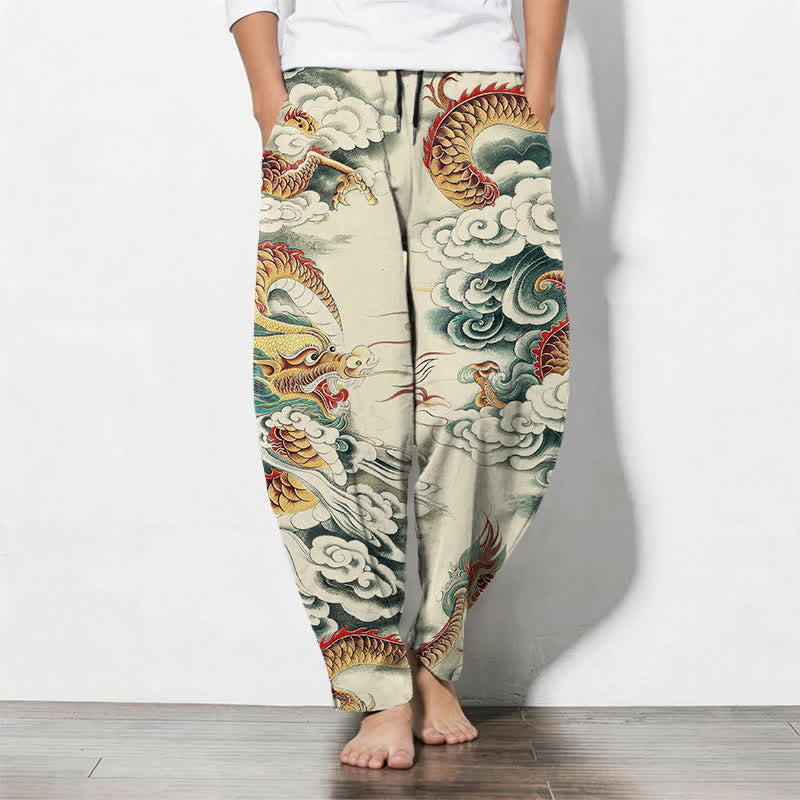 Buddha Stones Pantalon fuselé pour homme en pur coton, motif dragon nuage, cordon de serrage et poches - Beige - US/UK/AU50，EU60 (5XL) - image 0