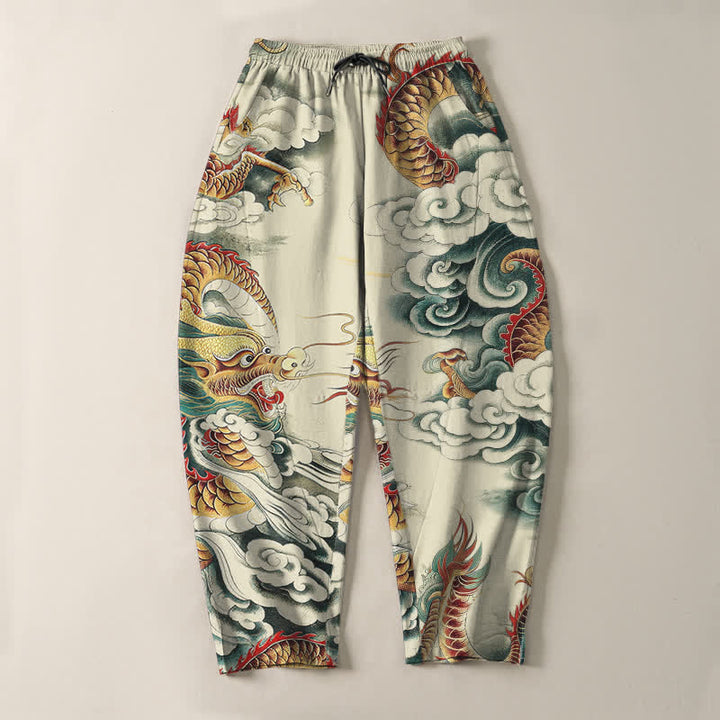 Buddha Stones Pantalon fuselé pour homme en pur coton, motif dragon nuage, cordon de serrage et poches - image 2
