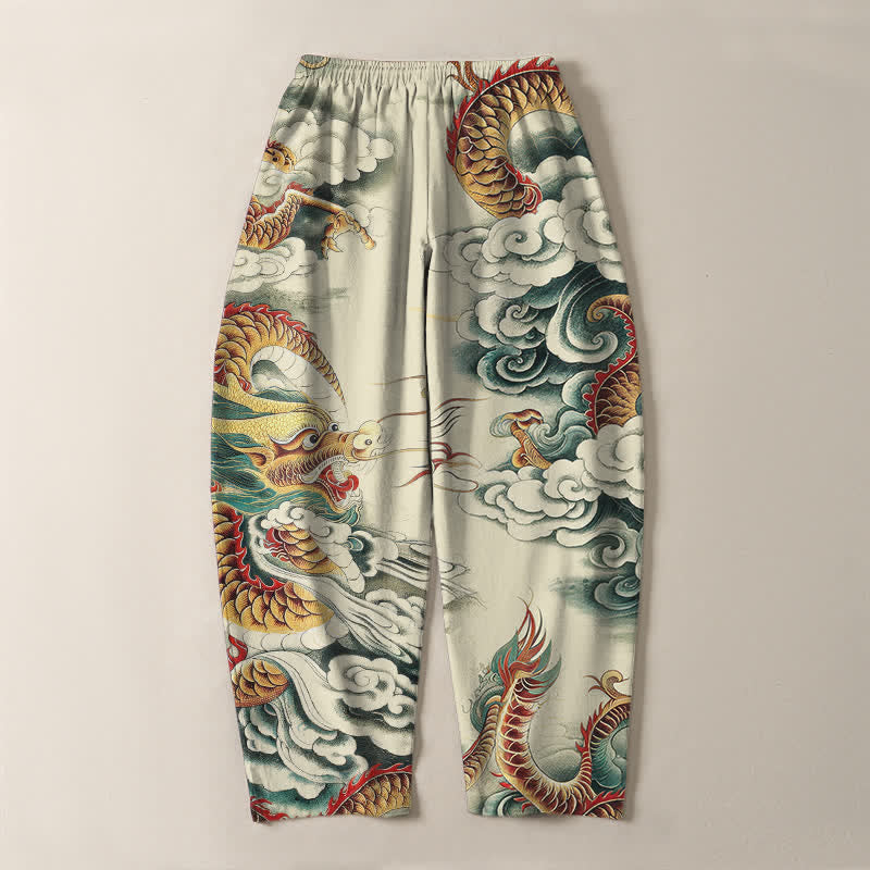 Buddha Stones Pantalon fuselé pour homme en pur coton, motif dragon nuage, cordon de serrage et poches - image 3