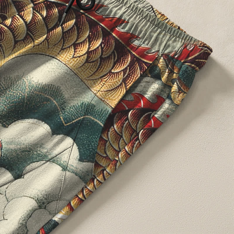 Buddha Stones Pantalon fuselé pour homme en pur coton, motif dragon nuage, cordon de serrage et poches - image 4